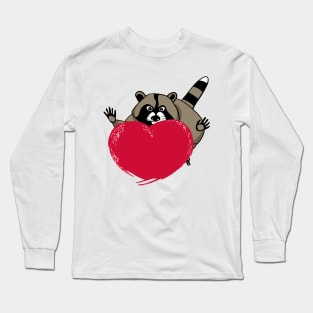 Funny cartoon raccoon and a huge red fiery heart Long Sleeve T-Shirt